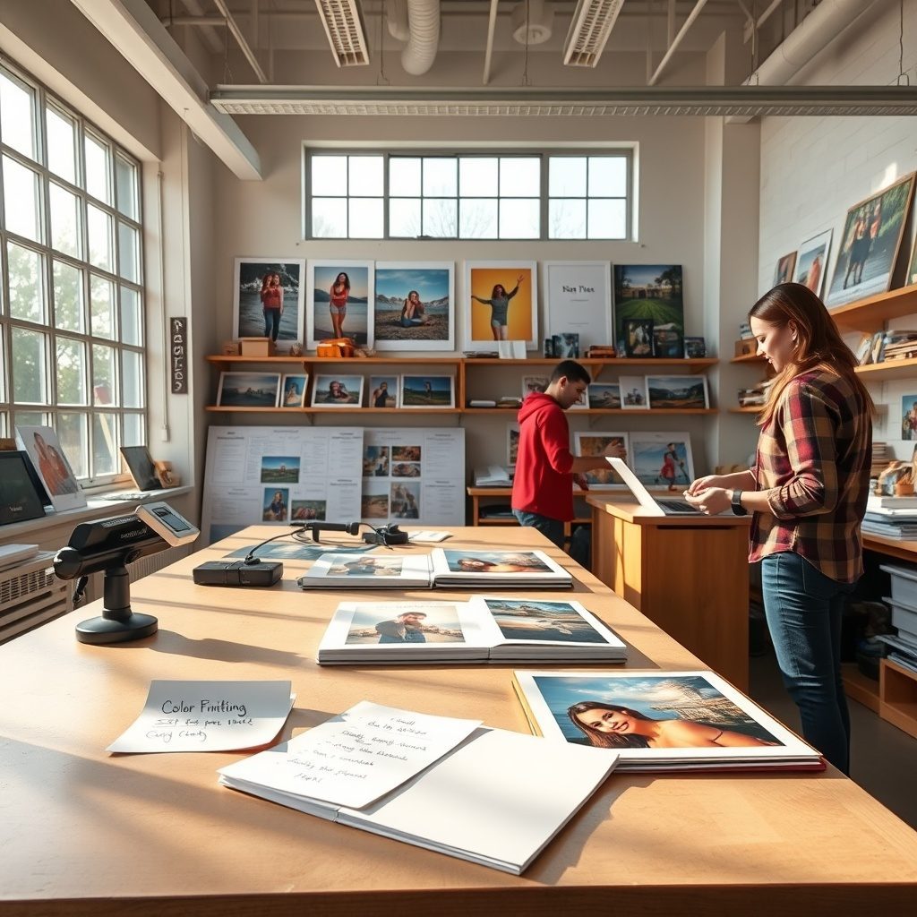Photo printing lab showcasing enlargements and albums